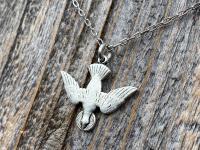 Silver Holy Spirit Dove Pendant and Necklace, Antique Replica of French Holy Spirit Charm, Descending Dove Medallion from France, Holy Ghost