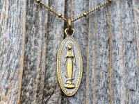 Antiqued Gold Latin Miraculous Medal Pendant and Necklace, Antique Replica of French Miraculous Medallion, Elongated Oval Shape Virgin Mary