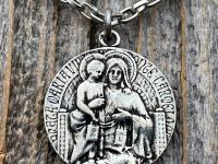 Antiqued Pewter Scapular Pendant on Necklace, Antique Replica of French Artist Tricard Medallion, Sacred Heart of Jesus Our Lady Mt Carmel