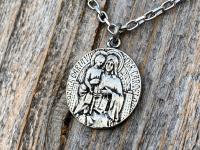 Antiqued Pewter Scapular Pendant on Necklace, Antique Replica of French Artist Tricard Medallion, Sacred Heart of Jesus Our Lady Mt Carmel