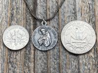 Sterling Silver St Francis of Assisi Blessing Medal Pendant on Necklace, Antique Replica of French Latin Medallion, May the Lord Bless You