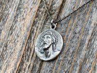 Sterling Silver Our Savior Jesus Christ Medallion on Necklace, Antique Replica of French Pendant, Reverses to a Jerusalem Crusaders Cross