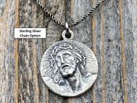 Sterling Silver Our Savior Jesus Christ Medallion on Necklace, Antique Replica of French Pendant, Reverses to a Jerusalem Crusaders Cross