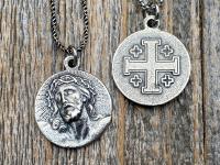 Sterling Silver Our Savior Jesus Christ Medallion on Necklace, Antique Replica of French Pendant, Reverses to a Jerusalem Crusaders Cross