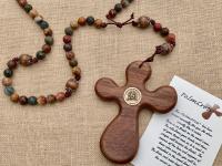 Walnut ByRon Palm Cross with Face of Christ Medallion Large Rosary, with Bronze Antique Replica Beads & Red Cherry Creek Jasper Gemstones