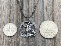 Sterling Silver Rare St Michael Quis Ut Deus Latin Medallion Necklace, Antique Replica Saint Michael the Archangel Protection Medal Pendant