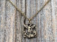 Antique Gold Latin St Michael Quis Ut Deus Rare Medallion Necklace, Antique Replica Saint Michael the Archangel, Protection Medal Pendant