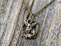 Antique Gold Latin St Michael Quis Ut Deus Rare Medallion Necklace, Antique Replica Saint Michael the Archangel, Protection Medal Pendant