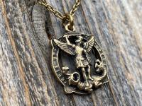 Antique Gold Latin St Michael Quis Ut Deus Rare Medallion Necklace, Antique Replica Saint Michael the Archangel, Protection Medal Pendant
