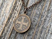 Bronze Our Savior Lord Jesus Christ Medallion on Necklace, Antique Replica of French Medal Pendant, Reverses to a Jerusalem Crusaders Cross