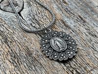 Sterling Silver Miraculous Medal Pendant Necklace, Hearts Border, Antique Replica, Blessed Virgin Mary Medal, Immaculate Virgin Mary, MM5