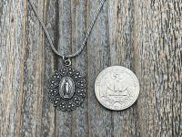 Sterling Silver Miraculous Medal Pendant Necklace, Hearts Border, Antique Replica, Blessed Virgin Mary Medal, Immaculate Virgin Mary, MM5