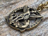 Antique Gold Latin St Michael Quis Ut Deus Rare Medallion Necklace, Antique Replica Saint Michael the Archangel, Protection Medal Pendant