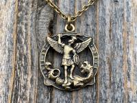 Antique Gold Latin St Michael Quis Ut Deus Rare Medallion Necklace, Antique Replica Saint Michael the Archangel, Protection Medal Pendant