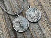 Sterling Silver Crucifix on Circle Disc & Lourdes Grotto Two-Sided French Antique Replica Round Medallion Pendant on Necklace, By OBC