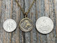 Antique Gold St Anthony of Padua Medallion & Necklace, Antique Replica of French Latin Medal, Two-Sided Pendant with St Francis of Assisi