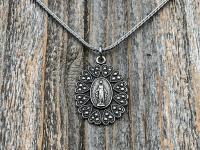 Sterling Silver Miraculous Medal Pendant Necklace, Hearts Border, Antique Replica, Blessed Virgin Mary Medal, Immaculate Virgin Mary, MM5