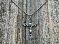 Sterling Silver Sacred Heart of Jesus Crucifix, Pendant Necklace, Antique Replica, Large Sterling Silver Crucifix, Big Sacred Heart Pendant