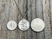 Shiny Sterling Silver St Michael the Archangel & Guardian Angel Medal Pendant on Necklace, Antique Replica of Rare Two-Sided Medallion, M3