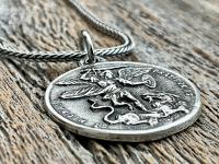 Sterling Silver St Michael the Archangel & GuardianAngel Medal Pendant on Necklace, Antique Replica Rare Two-Sided Protection Medallion, M3