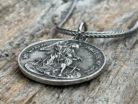 Sterling Silver St Michael the Archangel & GuardianAngel Medal Pendant on Necklace, Antique Replica Rare Two-Sided Protection Medallion, M3