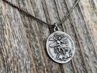 Sterling Silver St Michael the Archangel & GuardianAngel Medal Pendant on Necklace, Antique Replica Rare Two-Sided Protection Medallion, M3