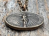 Bronze Crucifix on Circle Disc & Lourdes Grotto Two-Sided French Antique Replica Round Medallion Pendant on Necklace, Medal Signed by OBC