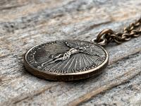 Bronze Crucifix on Circle Disc & Lourdes Grotto Two-Sided French Antique Replica Round Medallion Pendant on Necklace, Medal Signed by OBC