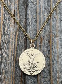 Gold St Michael Medallion Necklace, Antique Replica French Saint Michael the Archangel Pendant, Souvenir of Mont St Michel France by Penin