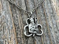 Silver Saint Patrick Shamrock Medal Pendant & Paperclip Chain, Antique Replica of Rare Medallion, Irish Unisex Necklace, St Patrick Jewelry