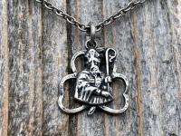 Antiqued Pewter Saint Patrick Shamrock Medal Pendant & Necklace, Antique Replica of Rare Medallion, Irish Catholic Unisex Silver Jewelry