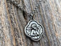 Antiqued Pewter Angel Pendant on Necklace, Reproduction French Antique Medallion, Quatrefoil Shaped Antique Replica Cherub Putti from France