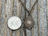 Petite French Bronze Sacred Heart of Jesus Medallion Pendant & Necklace, Antique Replica Medal, Basilica of the Sacred Heart Paray-le-Monial