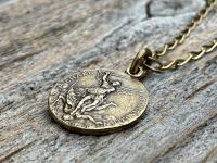 Antiqued Gold St Michael Medallion Necklace, Antique Replica French Saint Michael the Archangel Medal, Souvenir Mont St Michel France, Penin