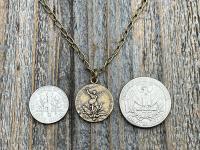 Antiqued Gold St Michael Medallion Necklace, Antique Replica French Saint Michael the Archangel Medal, Souvenir Mont St Michel France, Penin