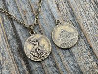 Antiqued Gold St Michael Medallion Necklace, Antique Replica French Saint Michael the Archangel Medal, Souvenir Mont St Michel France, Penin