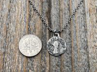 Small Sterling Silver St Patrick Medallion Necklace, Antique Replica of Rare Modernist Medal signed by Ferdinand Py, Patron Saint of Ireland