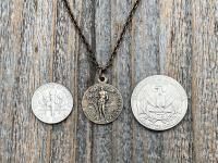 Saint Sebastian Bronze Medal and Necklace, Antique Replica, Patron Saint of Athletes & Soldiers Pendant, Rare French St Sebastien Medallion