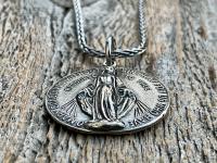 Sterling Silver Round Miraculous Medal Pendant Necklace, Antique Replica Circle Medallion, O Mary Conceived Without Sin Pray for Us, MM2