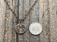 Fertility Saint Colette of Corbie Small Bronze Antique Replica Medal and Necklace, By French Artists Penin & Karo, 2-sided Medallion Charm