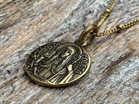 Fertility Saint Colette of Corbie Small Gold Antique Replica Medal and Necklace, By French Artists Penin & Karo, 2-sided Medallion Charm