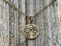 Fertility Saint Colette of Corbie Small Gold Antique Replica Medal and Necklace, By French Artists Penin & Karo, 2-sided Medallion Charm