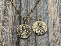 Fertility Saint Colette of Corbie Small Gold Antique Replica Medal and Necklace, By French Artists Penin & Karo, 2-sided Medallion Charm