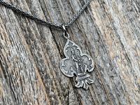 Sterling Silver St Anne Medallion Necklace, Fleur de Lis Pendant, Antique Replica Medal, Grandmother of Jesus, Patron Saint of Grandmothers