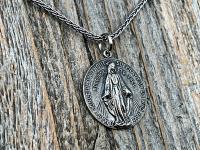 Sterling Silver Round Miraculous Medal Pendant Necklace, Antique Replica Circle Medallion, O Mary Conceived Without Sin Pray for Us, MM2