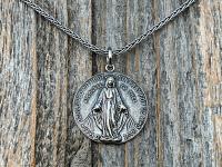 Sterling Silver Round Miraculous Medal Pendant Necklace, Antique Replica Circle Medallion, O Mary Conceived Without Sin Pray for Us, MM2