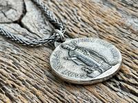 Sterling Silver St Nicolas French Medallion Necklace, Antique Replica Saint Nicholas Medal, Patron Saint of Children, France, Penin and Karo