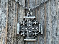 Sterling Silver Jerusalem Cross Pendant Necklace, Antique Replica Medal, Five-Fold Cross, Five Wounds of Christ Cross, Cross-and-Crosslets