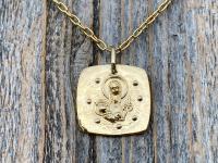 Gold Mother Mary and Baby Jesus Medallion and Necklace, Antique Replica of French Artist Elie Pellegrin Smaller Medal with Fleur de Lis