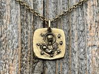 Antiqued Gold Mother Mary and Baby Jesus Medallion Necklace, Antique Replica of French Artist Elie Pellegrin Smaller Medal with Fleur de Lis